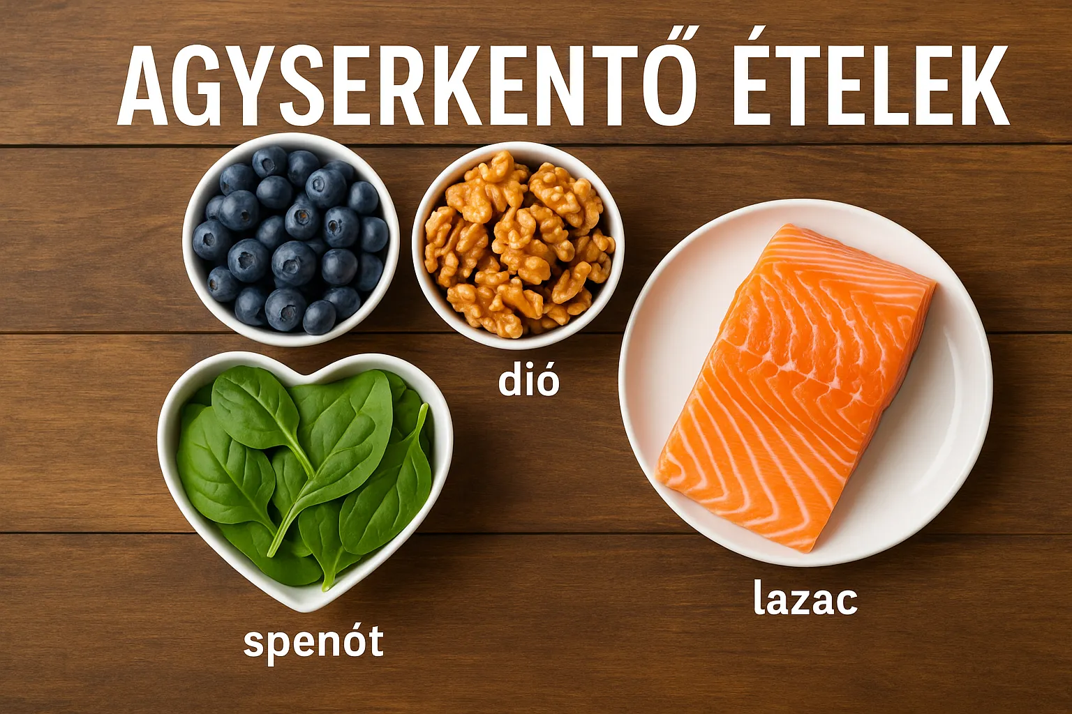 Egy asztalon elrendezett, agyserkentő ételek, mint például áfonya, dió és lazac, amelyek segítik a memória javítását.