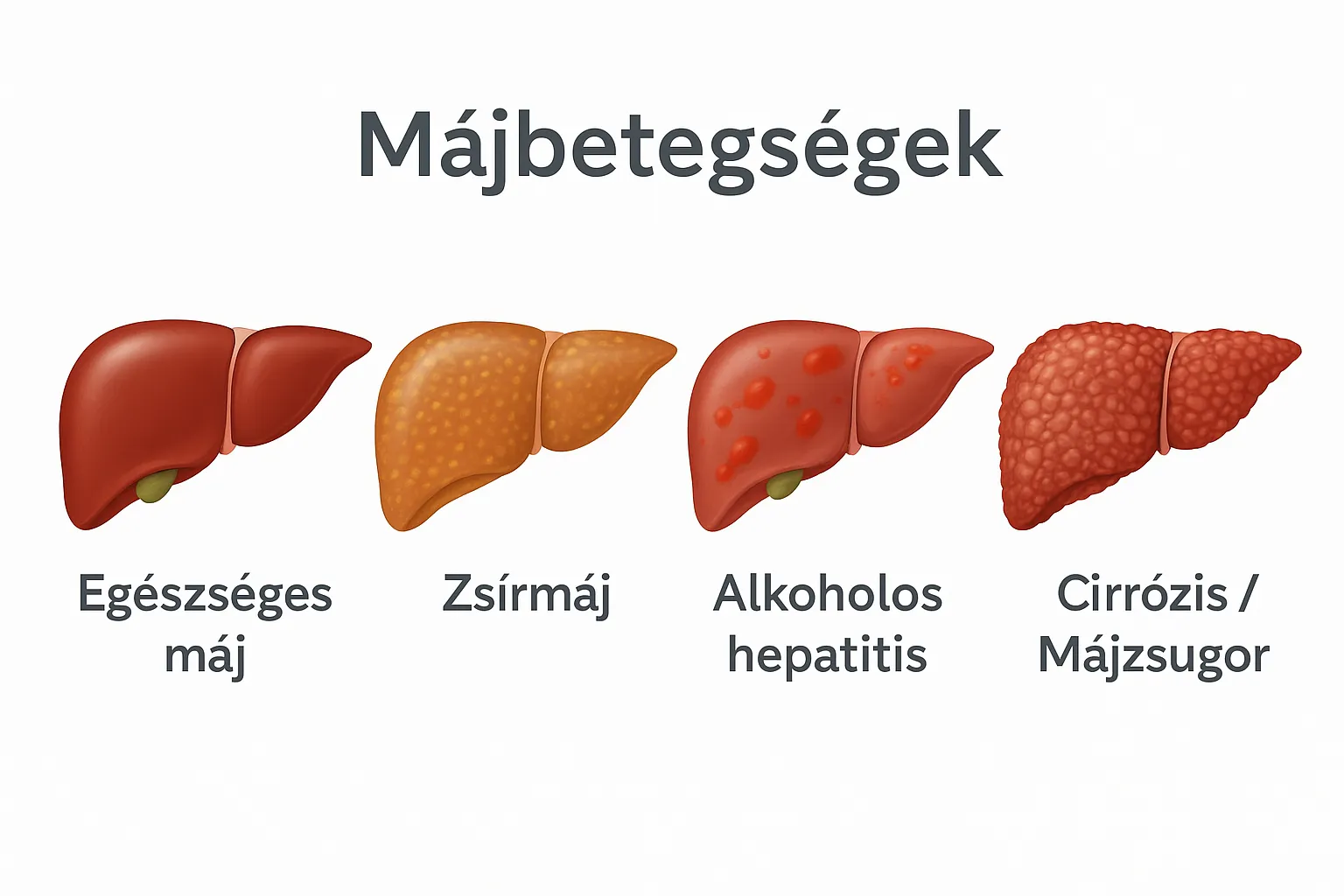 Az alkoholos májbetegség stádiumai, az egészséges májtól a cirrózisig.