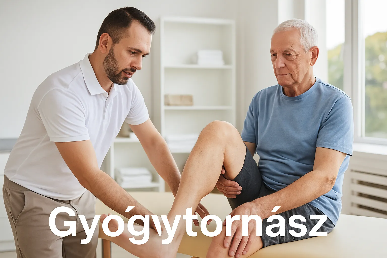 Térderősítő gyakorlatok gyógytornász segítségével. Gyógytornász segít egy páciensnek térderősítő gyakorlatot végezni.