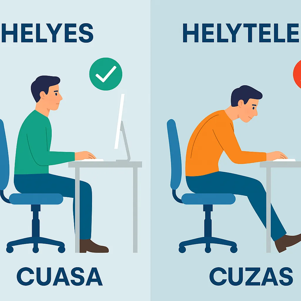 Helyes ülő testtartás a hátfájás megelőzéséért Egy személy, aki helyes testtartással ül egy irodai széken a hátfájás elkerülése érdekében.
