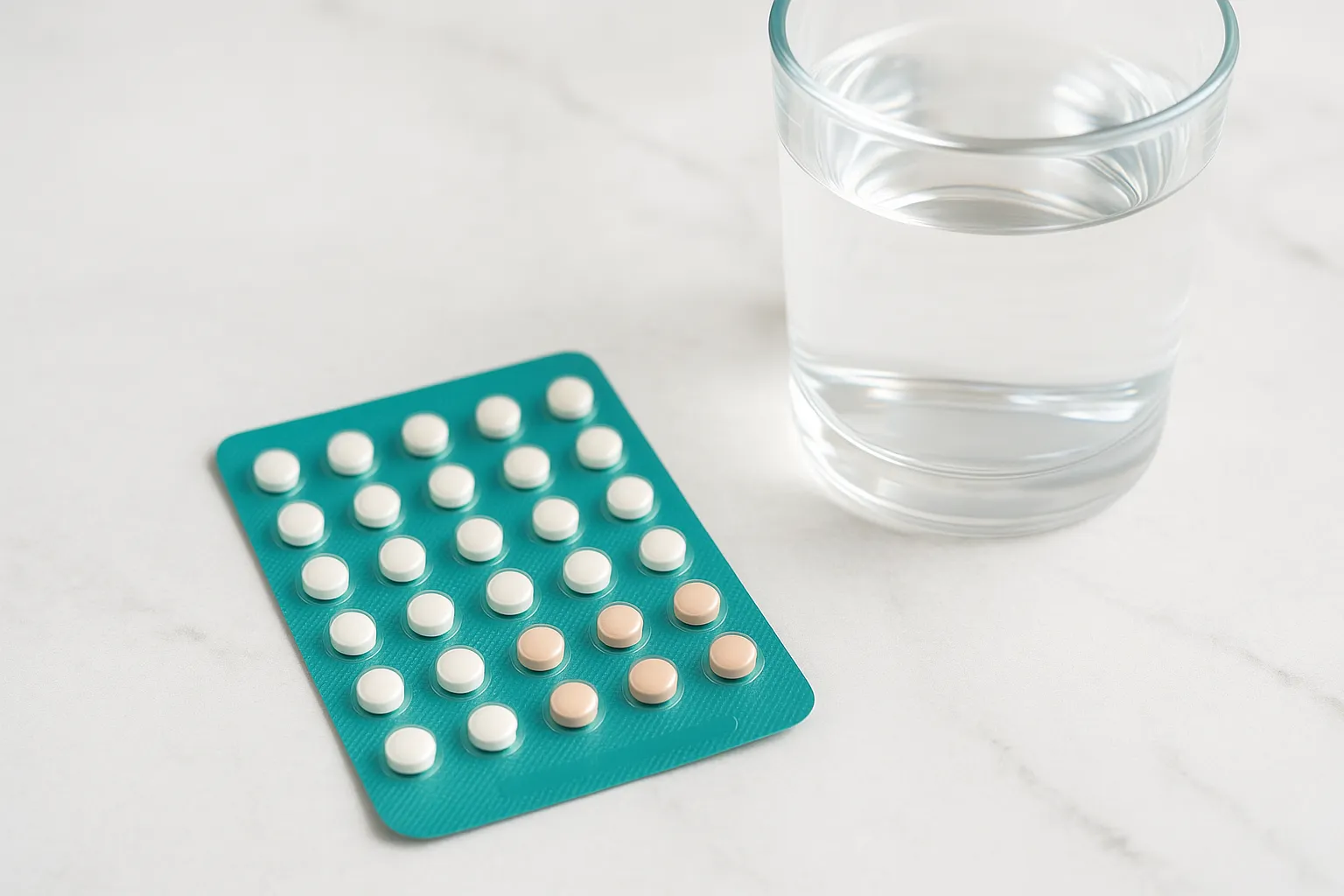 Hormonális fogamzásgátlás tablettával. Egy levél fogamzásgátló tabletta egy pohár víz mellett, a hormonális fogamzásgátlás szimbóluma.