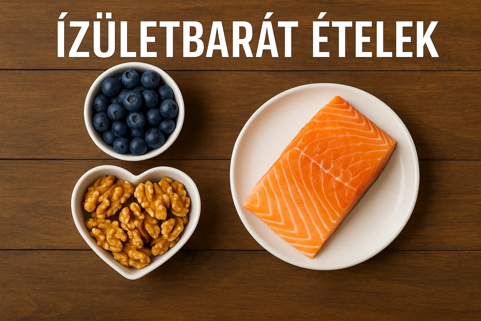 Táplálkozás az ízületi egészségért: gyulladáscsökkentő ételek. Ízületbarát ételek egy asztalon: lazac, dió, spenót és bogyós gyümölcsök az ízületi egészség támogatására.