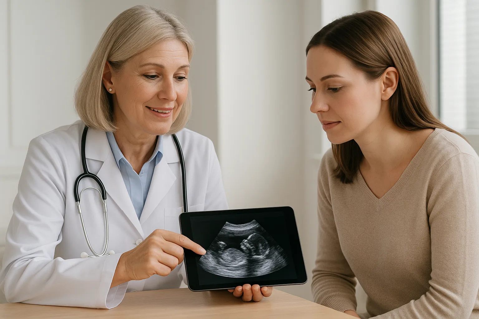 A kóros menstruációs zavar diagnózisa szakember segítségével. Orvos mutatja egy ultrahang kép eredményét egy páciensnek, a kóros menstruációs zavar okainak felderítése céljából.