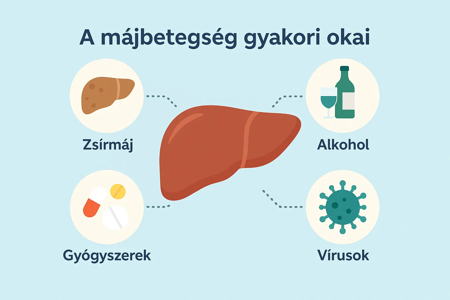 Infografika a májenzim emelkedés leggyakoribb okairól, mint a zsírmáj és az alkohol.