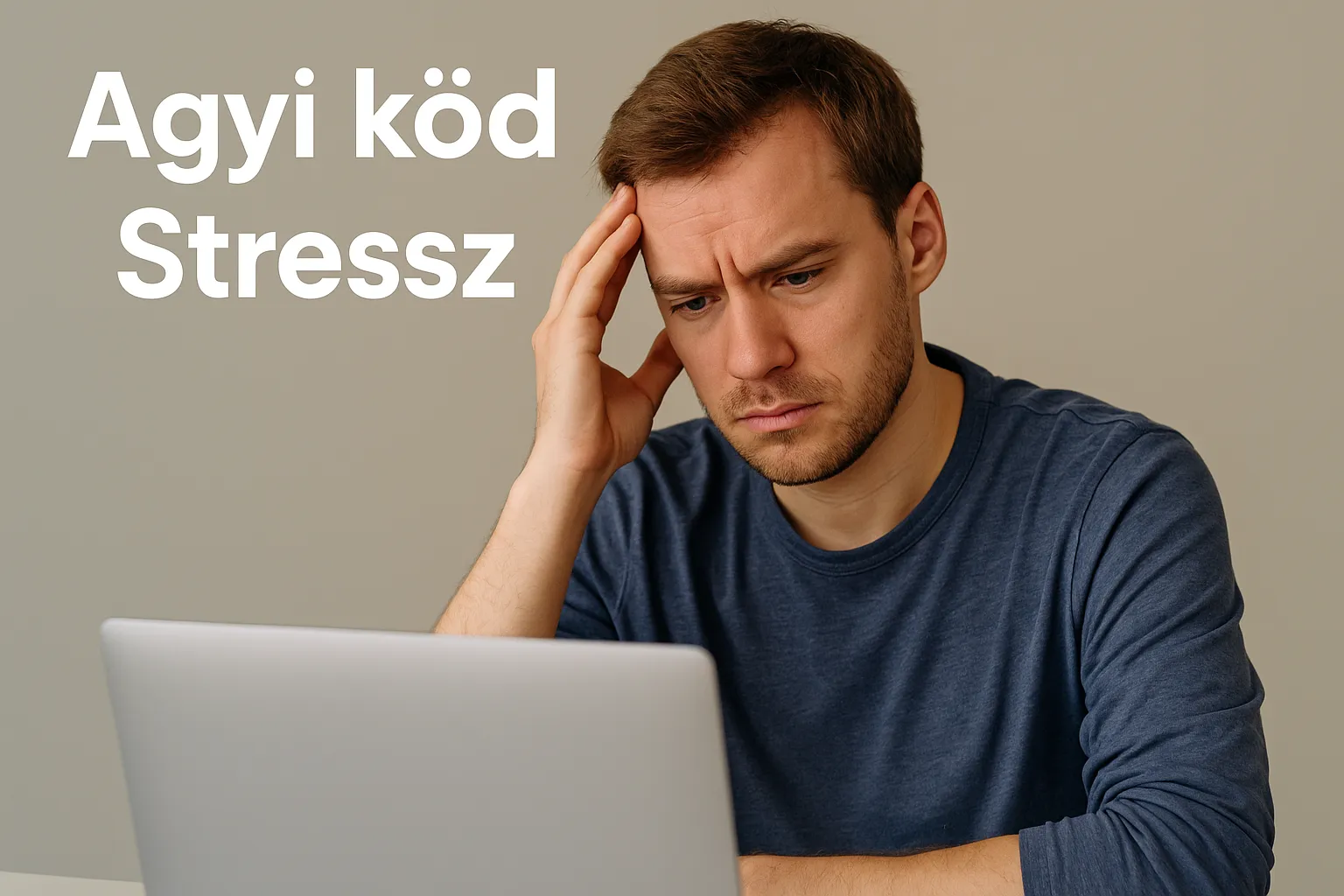 Egy stresszes, gondterhelt személy a homlokát fogja, ami a mentális kimerültséget és a memória romlását szimbolizálja.