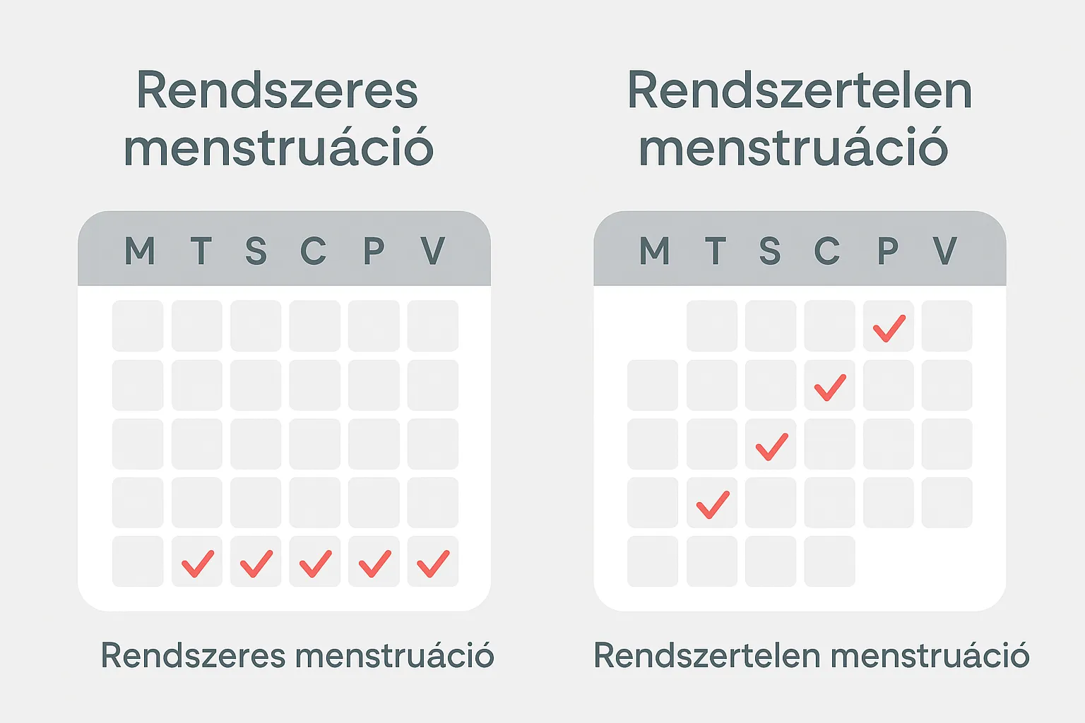 A menstruációs ciklus követésének fontossága. Naptár, amely a kóros menstruációs zavar jeleit, például a rendszertelen ciklust szemlélteti.