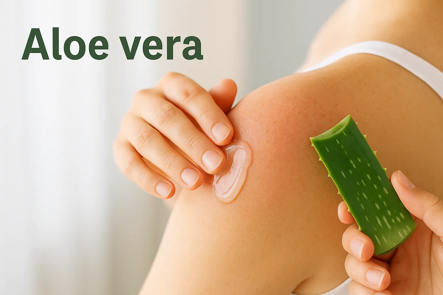 Aloe vera használata a napégés otthoni enyhítésére Valaki aloe vera gélt ken egy enyhén leégett vállra a napégés kezelése érdekében.