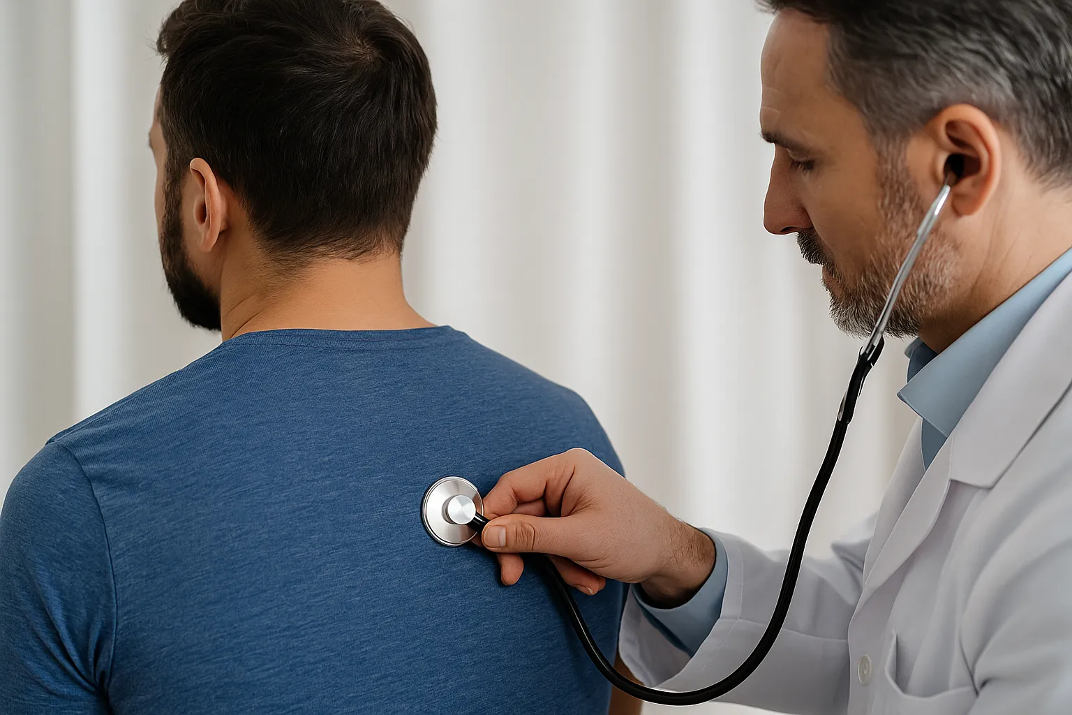 A tüdőgyulladás diagnózisa orvosi vizsgálattal kezdődik. Orvos sztetoszkóppal hallgatja meg egy páciens tüdejét a tüdőgyulladás diagnosztizálása közben.