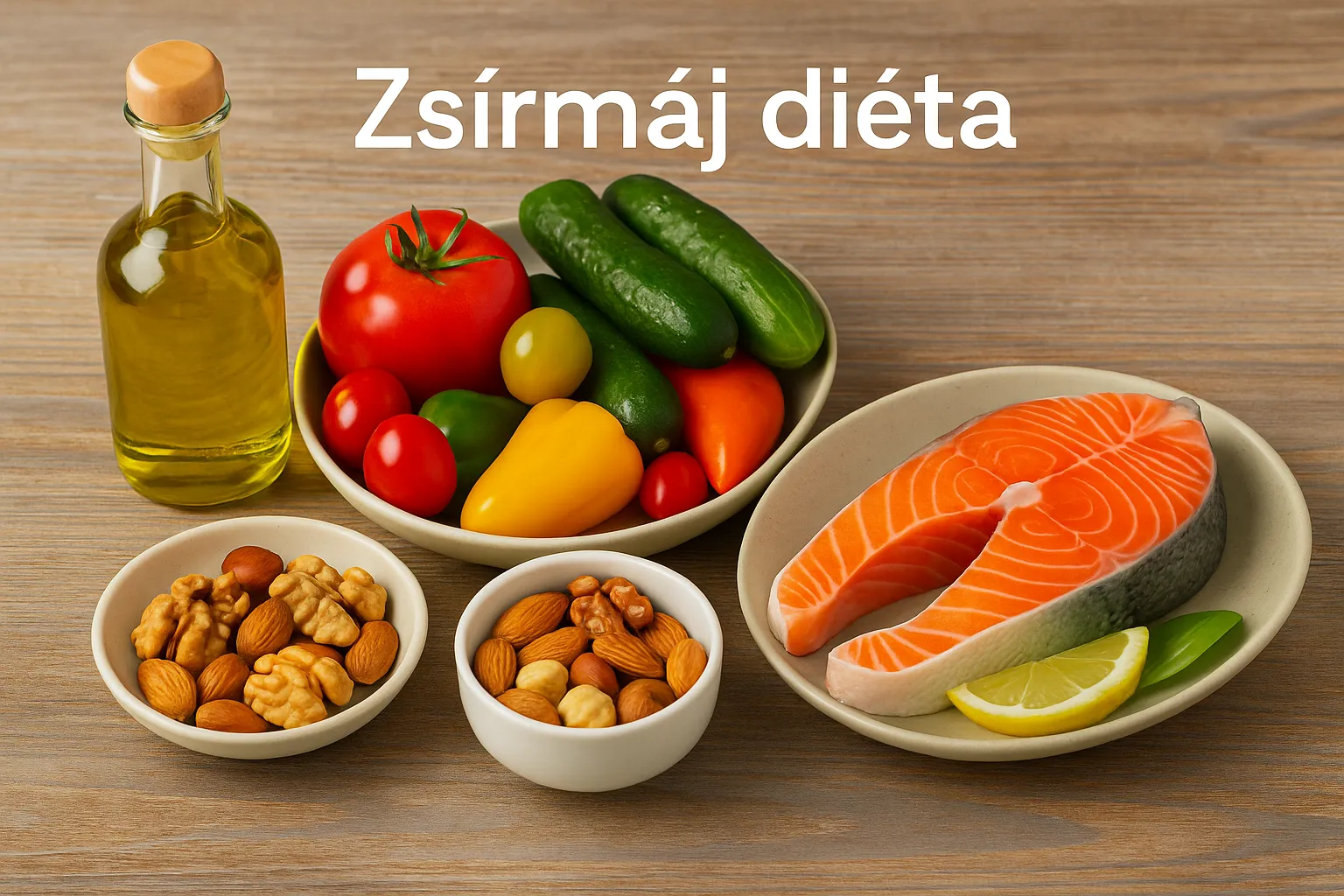 A zsírmáj diéta alapját képező mediterrán étrend összetevői: friss zöldségek, olívaolaj, hal és diófélék.