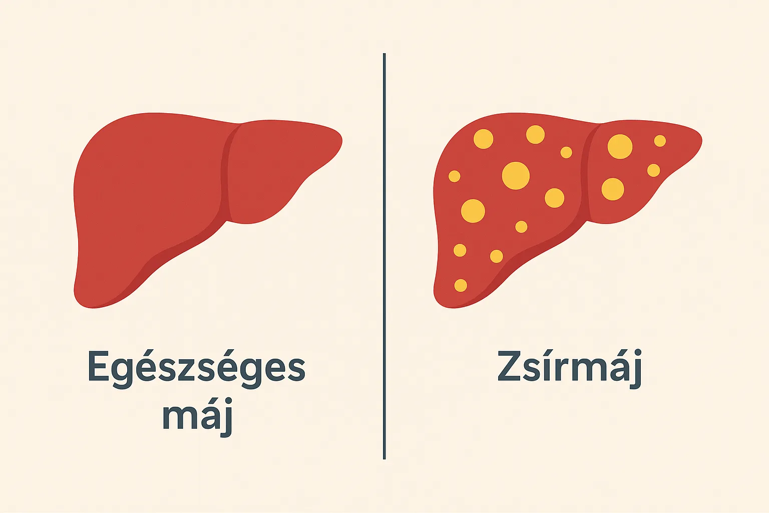 Grafikus ábra, amely összehasonlítja az egészséges májat és a zsírmájat, bemutatva a zsírfelhalmozódást.