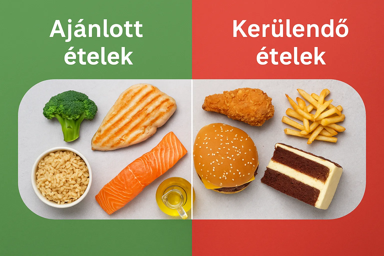 Epekő diéta: ajánlott ételek mint a zöldségek és hal, valamint kerülendő ételek mint a sült és zsíros fogások.